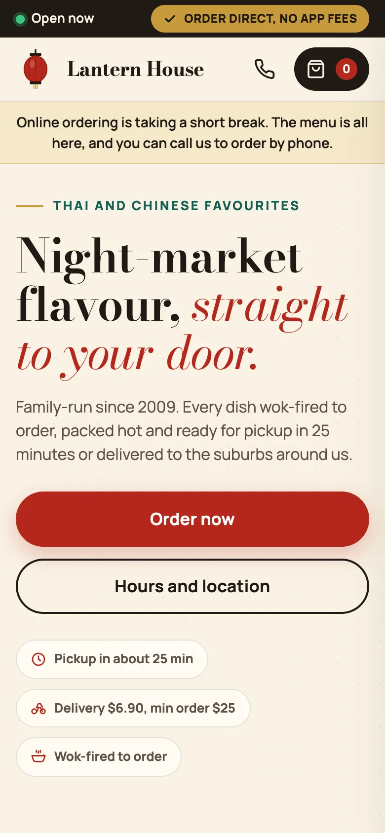 Lantern House ordering site on a phone