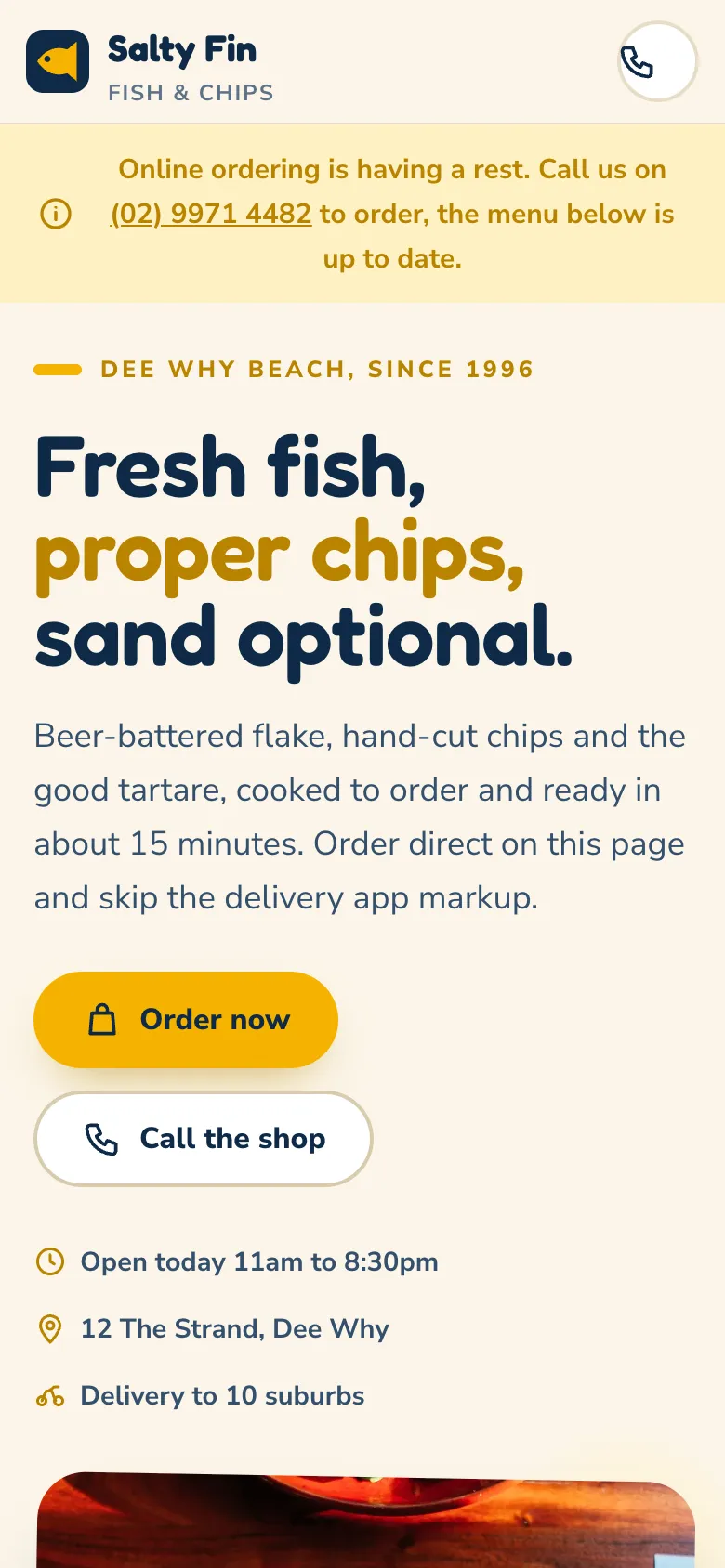 Salty Fin ordering site on a phone
