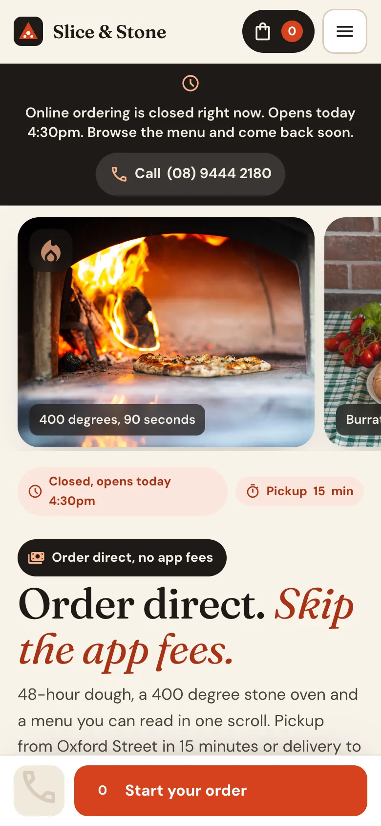 Slice and Stone ordering site on a phone